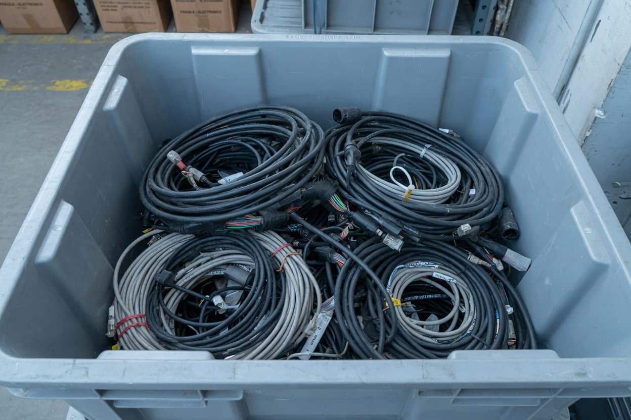 Coiled cables and harnesses in a bin