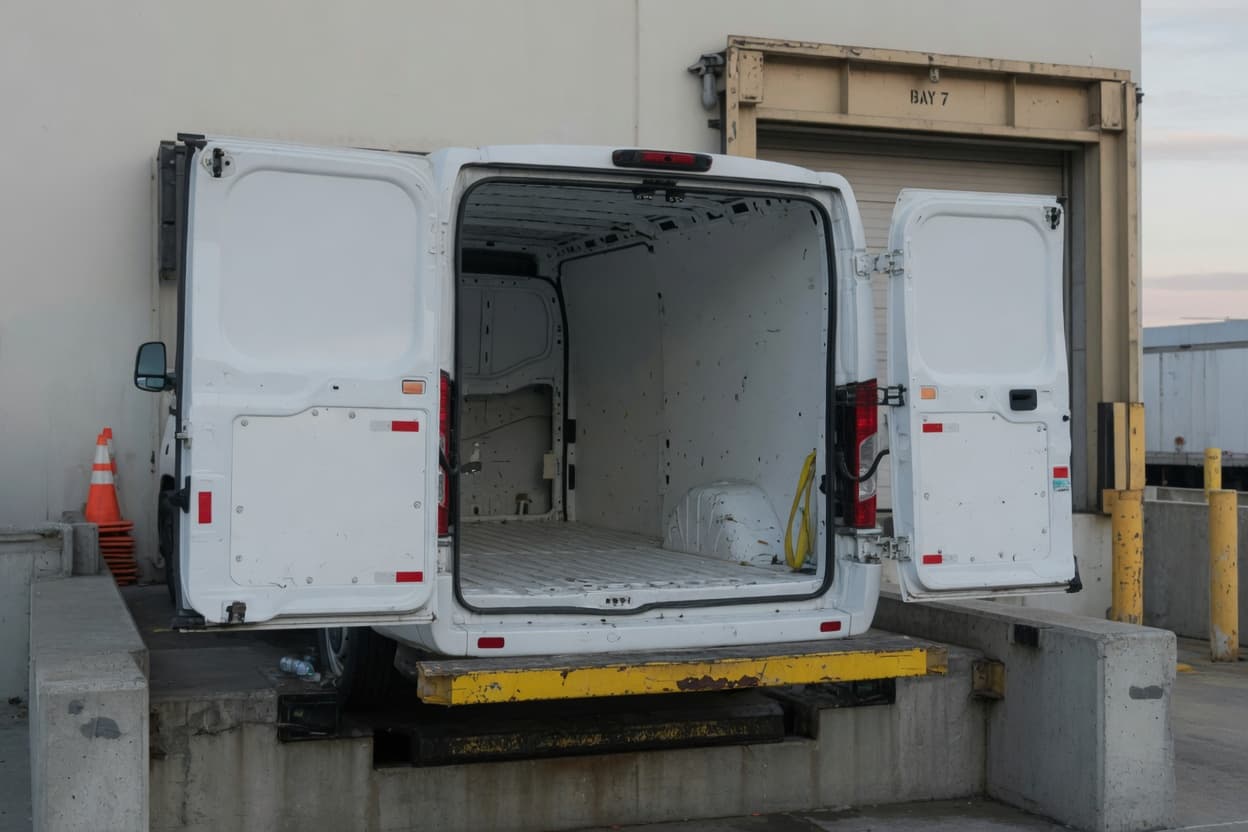 A cargo van open at the dock