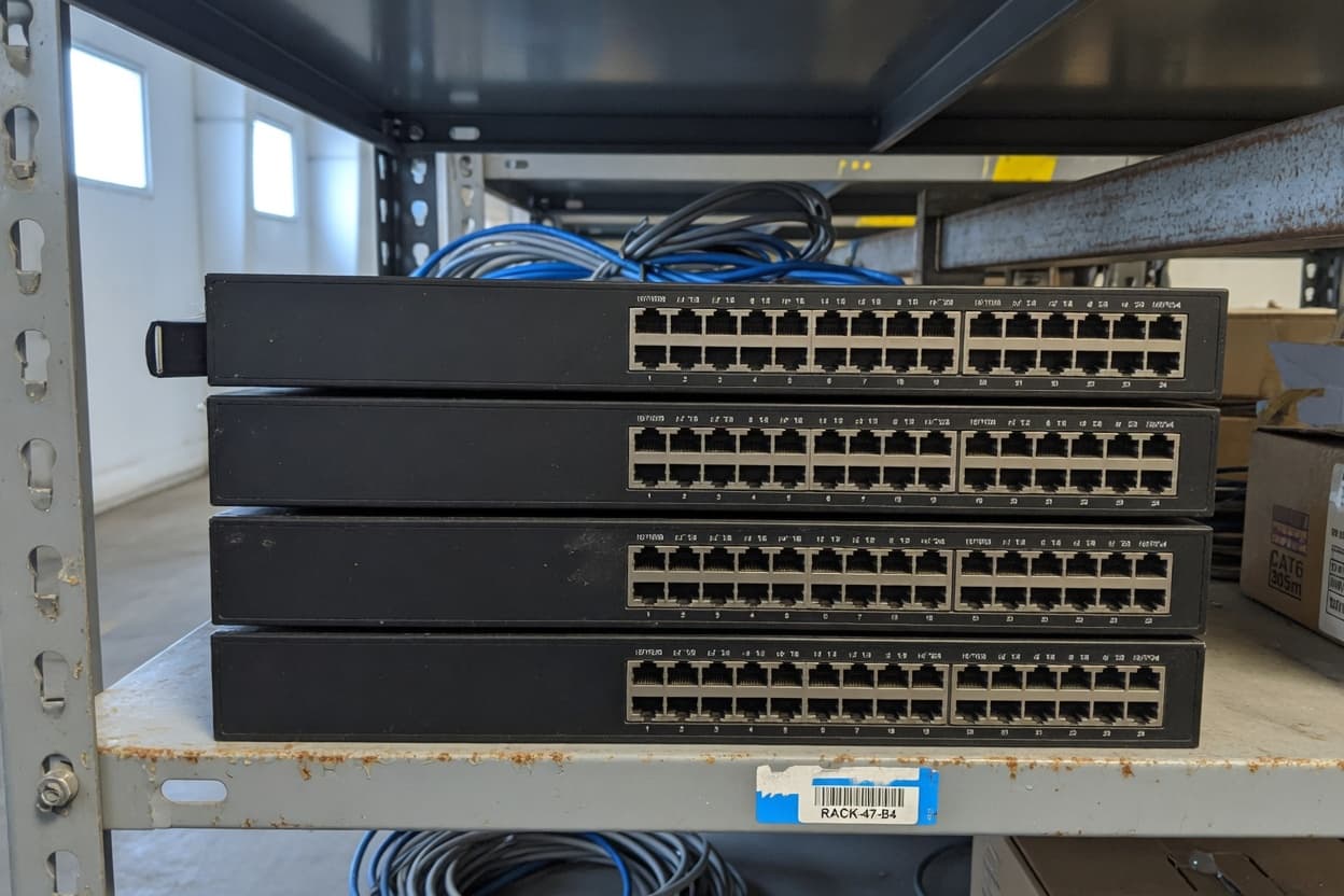 Network switches stacked on a shelf