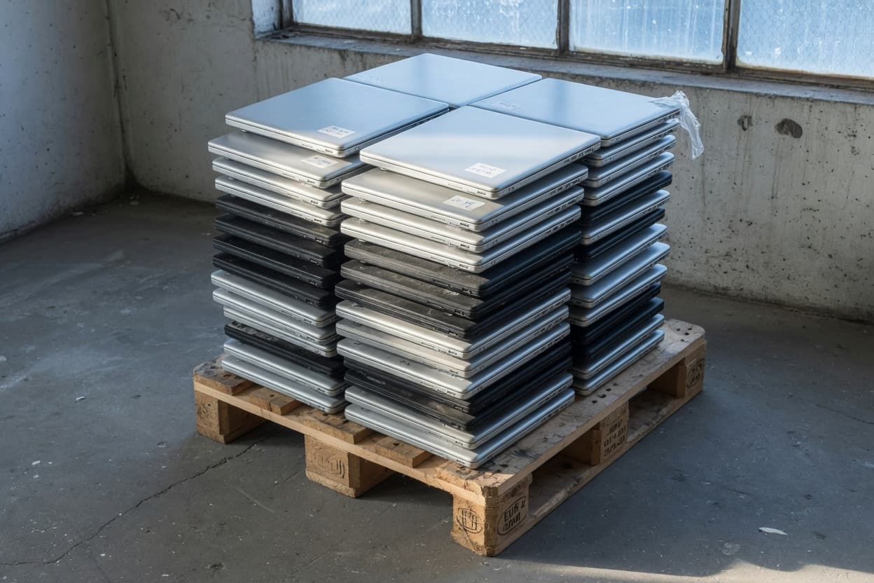 Closed laptops stacked on a pallet