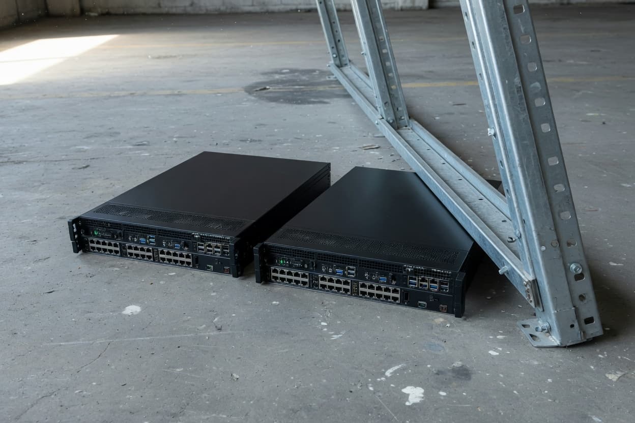 Two rack servers on a warehouse floor